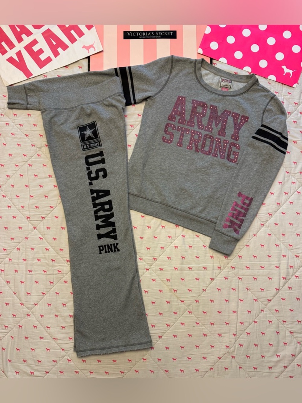VS PINK VINTAGE Y2K SET FLARE PANTS CREW SWEATSHIRT US ARMY STRONG BLING RARE LG